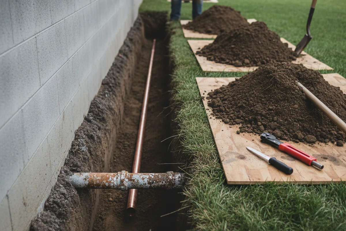 Excavated water line trench during Sewer Line Repair in Saint Johns